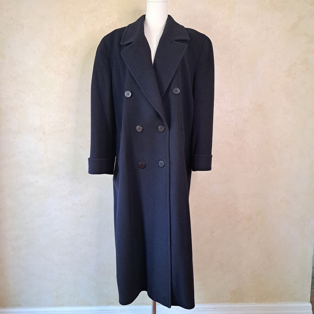 Vintage Talbots Italian Lambswool Cashmere Long Trench Coat Navy Size 14 Ankle